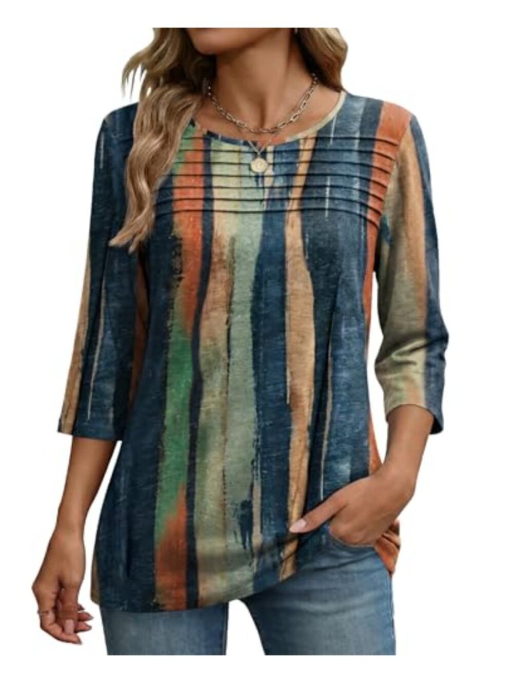 Zeagoo Women's 3/4 Sleeve Pleated Crewneck Tunic Blouse Casual Work Top